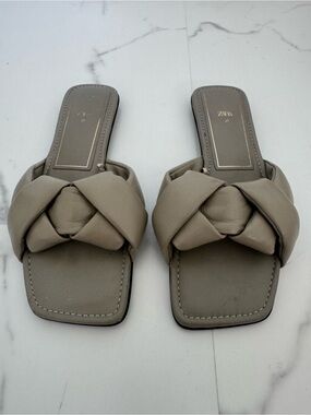 Zara Knotted Slide Sandals Women’s US 6.5 EU 37 Taupe Beige Square Toe